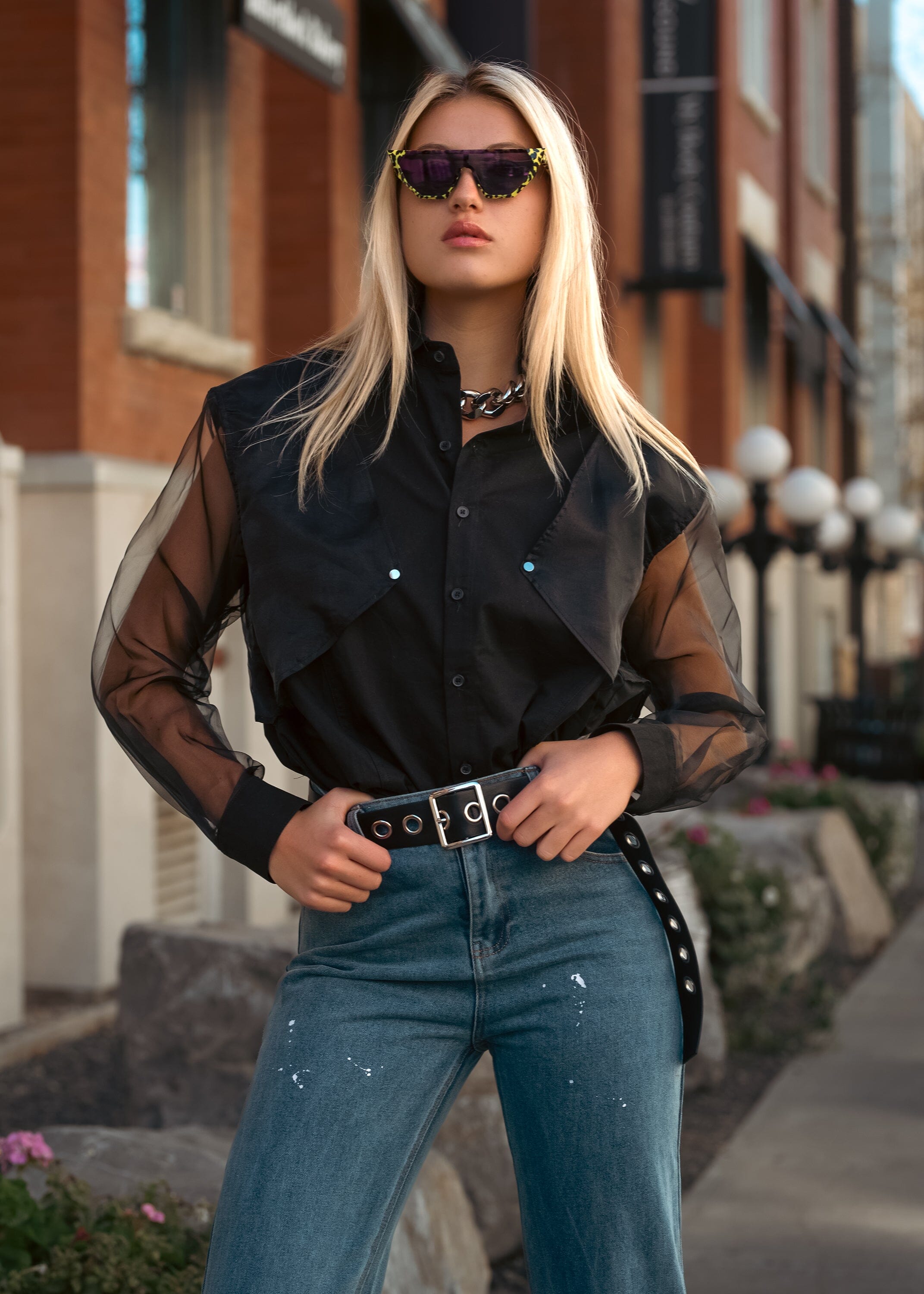 Sheer Sleeve Dress Shirt Blouses Kate Hewko Black S/M 