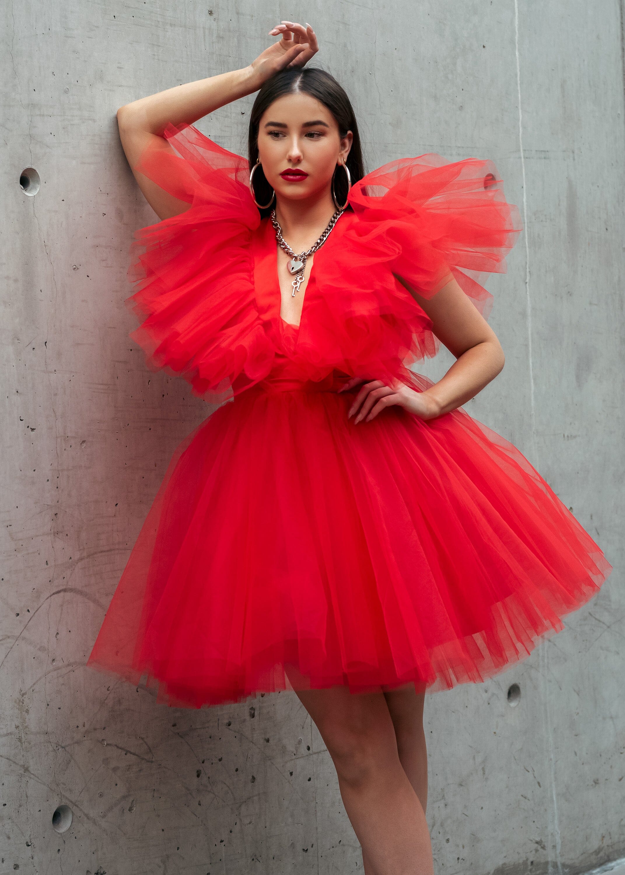 V neck Tulle Mini Dress - Kate Hewko Red / 12 V neck Tulle Mini Dress - Kate Hewko Red / 12