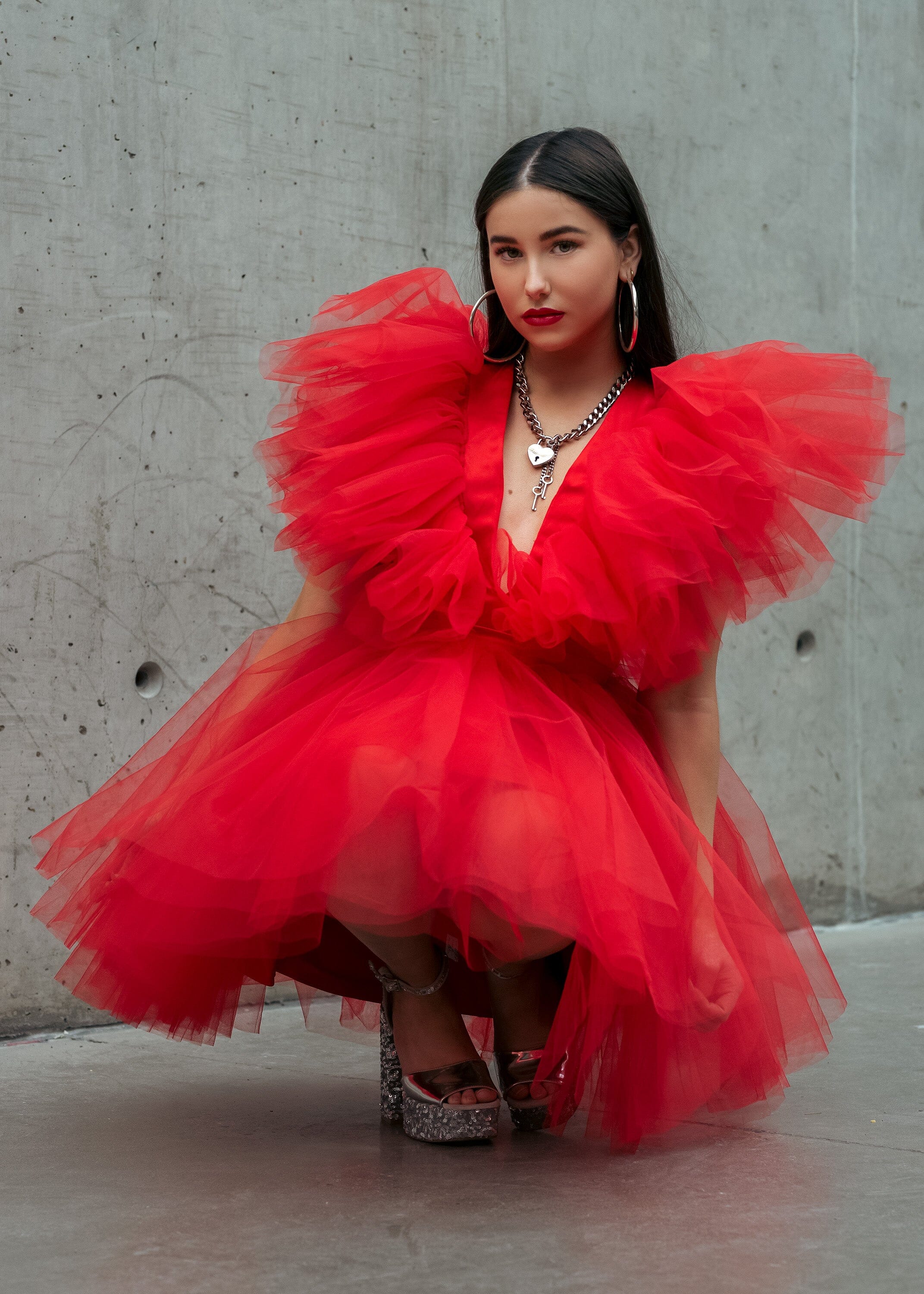 V neck Tulle Mini Dress - Kate Hewko Red / 12 V neck Tulle Mini Dress - Kate Hewko Red / 12