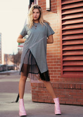 Zipper + Tulle Tee Dress Dresses Kate Hewko One Size Grey 